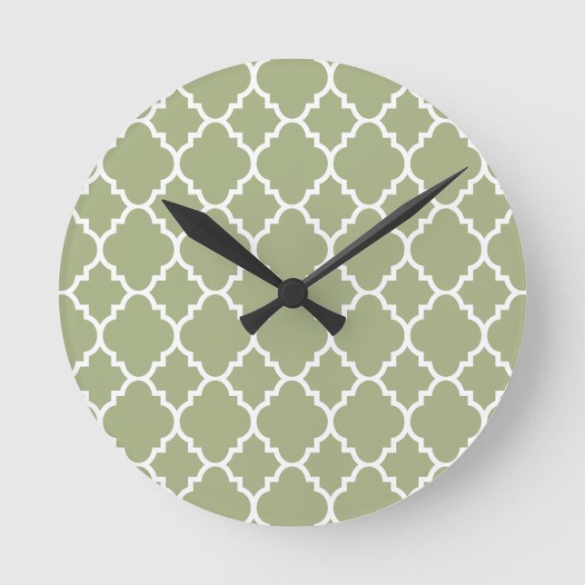 Sage Green White Quatrefoil Moroccan Pattern Round Clock (Front)