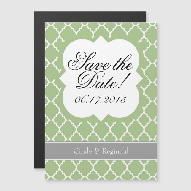 Sage Green White Quatrefoil Save The Date Magnet (Front/Back)