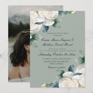 Sage Green & White Rose Floral Wedding Invitation