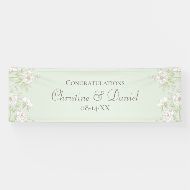 Sage Green White Rose Wedding Banner (Horizontal)