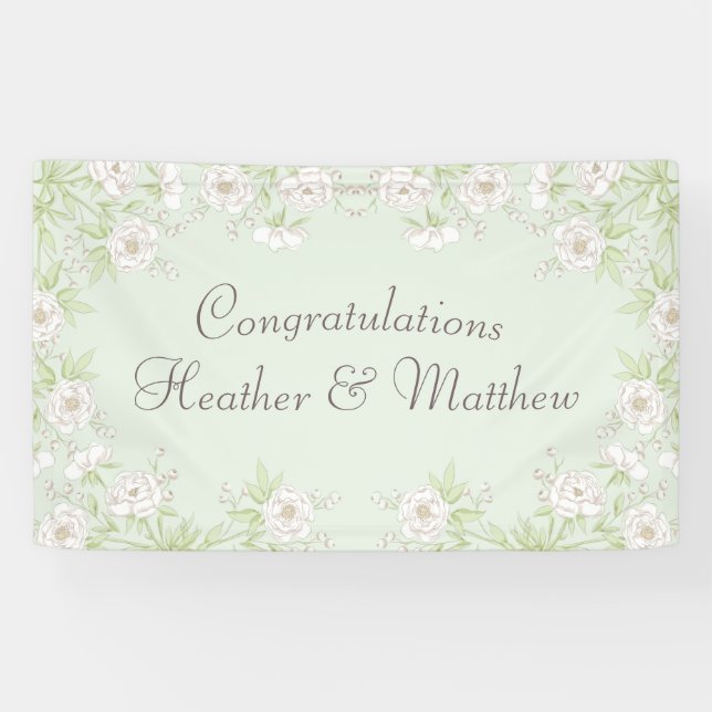 Sage Green White Rose Wedding Banner (Horizontal)