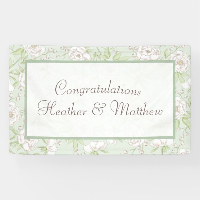 Sage Green White Rose Wedding Banner (Horizontal)