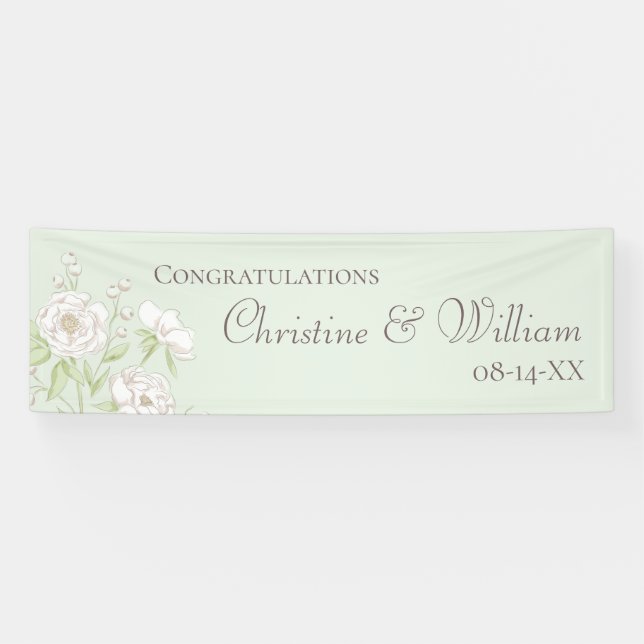 Sage Green White Rose Wedding Banner (Horizontal)