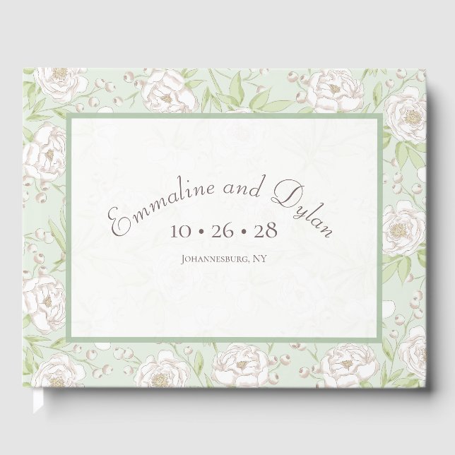 Sage Green White Rose Wedding Guest Book (Front)
