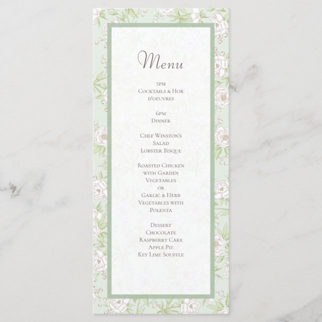 Sage Green White Rose Wedding Menus (Front)