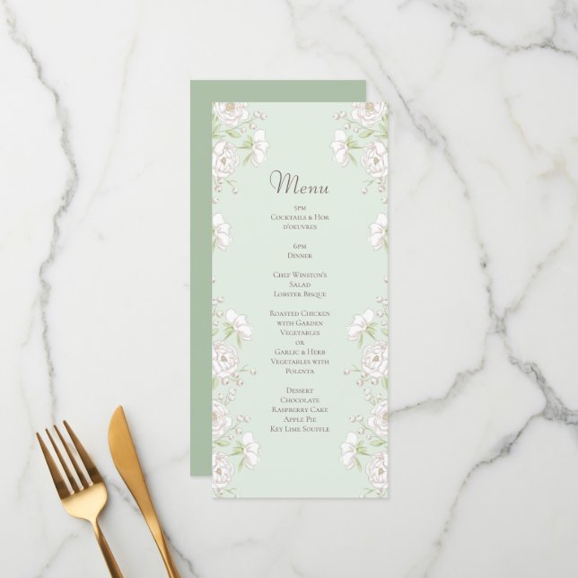 Sage Green White Rose Wedding Menus (Front/Back In Situ)