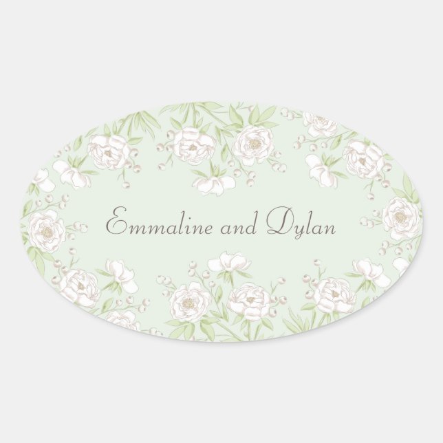 Sage Green White Rose Wedding Oval Sticker (Front)
