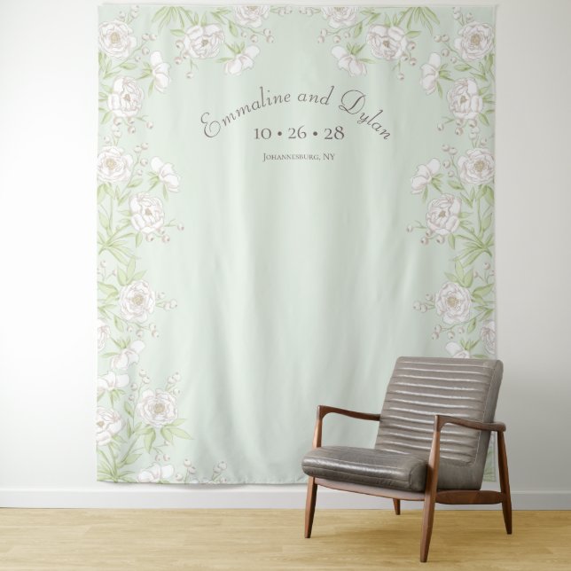Sage Green White Rose Wedding Photo Backdrop Tapestry (In Situ)