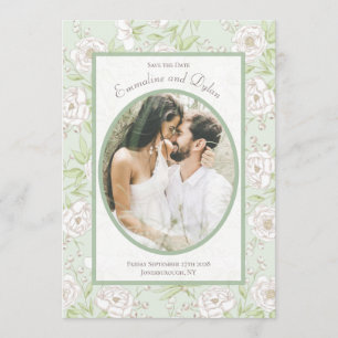 Sage Green White Rose Wedding Photo Save the Date Invitation