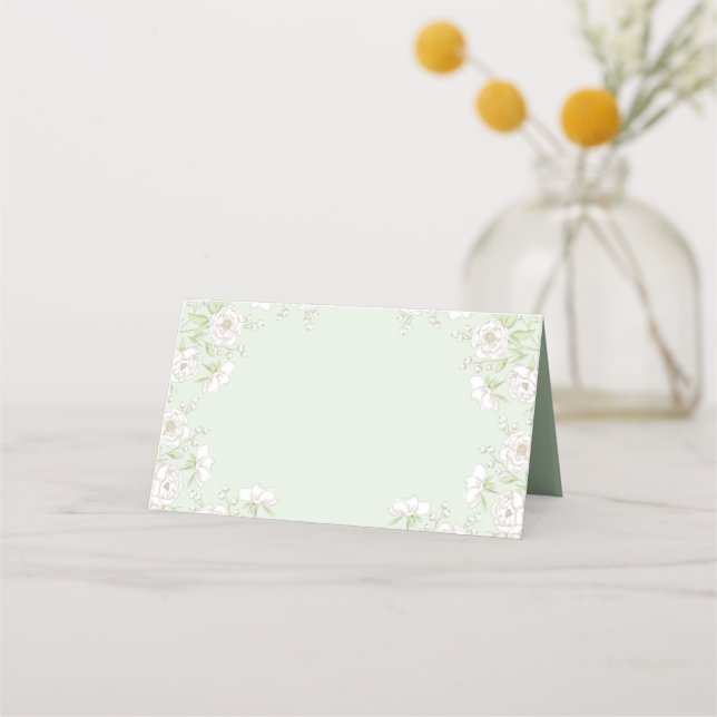 Sage Green White Rose Wedding Place Card (Front)