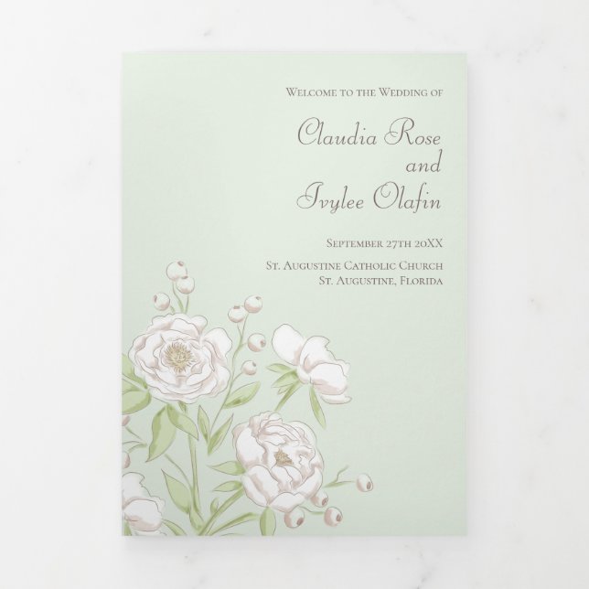 Sage Green White Rose Wedding Programs Tri-Fold Programme (Cover)