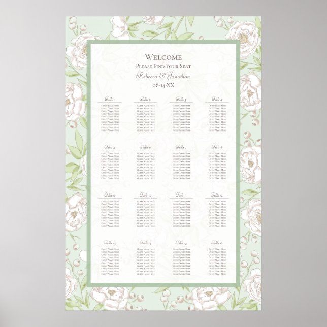 Sage Green White Rose Wedding Seating Chart (Front)