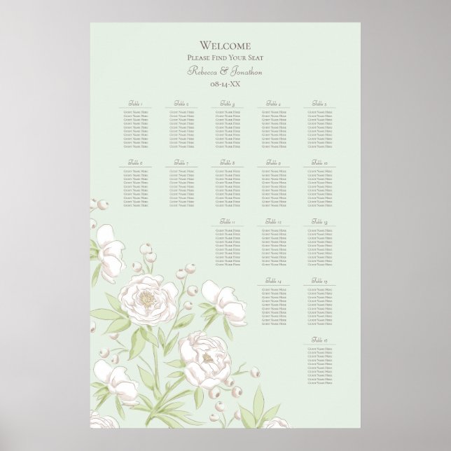Sage Green White Rose Wedding Seating Chart (Front)