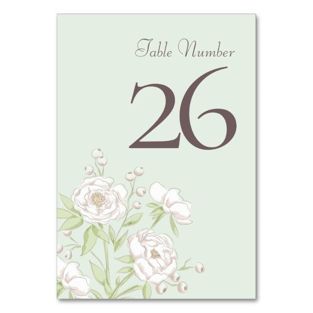 Sage Green White Rose Wedding Table Number (Front)