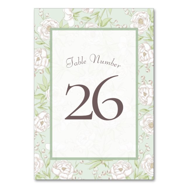 Sage Green White Rose Wedding Table Number (Front)