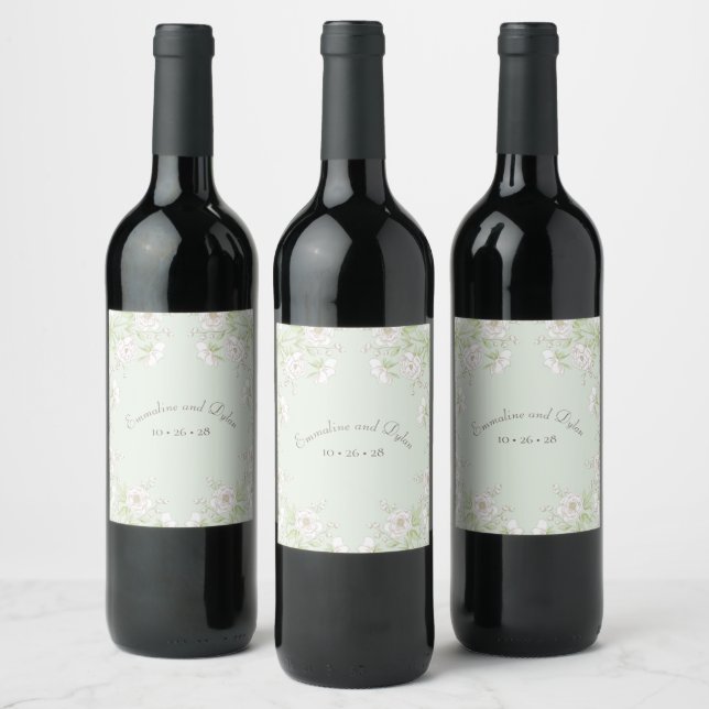 Sage Green White Rose Wedding Wine Label (Bottles)