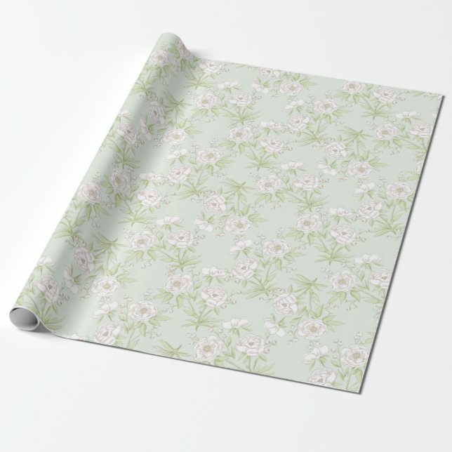 Sage Green White Rose Wedding Wrapping Paper (Unrolled)