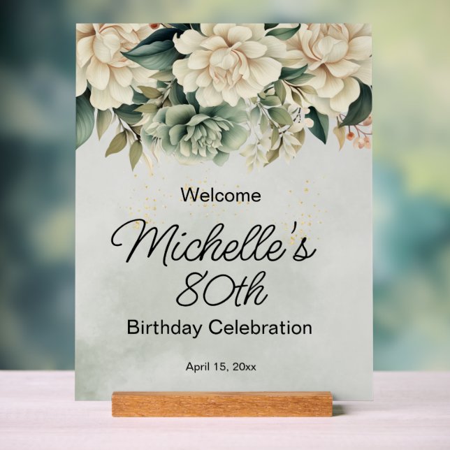 Sage Green White Roses 80th Birthday Acrylic Sign (Neutral)