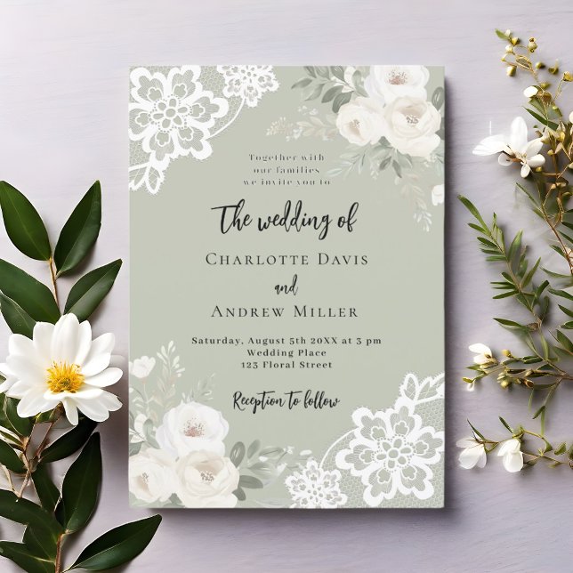 Sage green white roses greenery wedding invitation (Creator Uploaded)