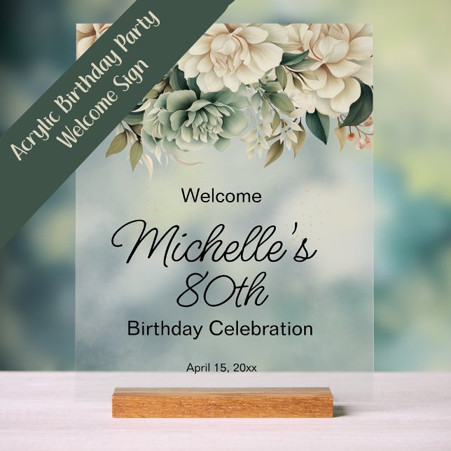 Sage Green White Roses Transparent 80th Birthday Acrylic Sign (Acrylic 80th birthday party welcome sign)