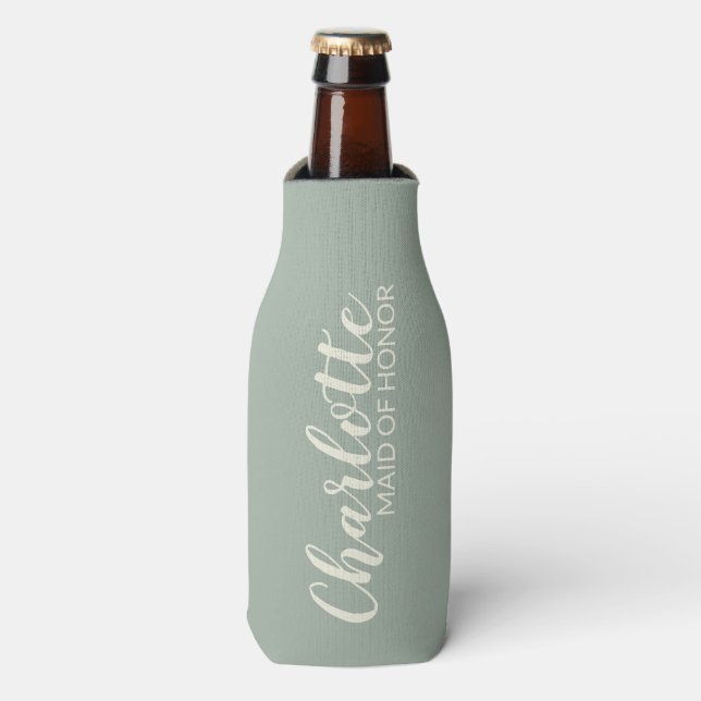 Sage Green White Script Bridesmaid Maid of Honour Bottle Cooler (Bottle Front)