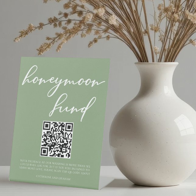 Sage Green White Script Honeymoon Fund QR Code Pedestal Sign (Creator Uploaded)