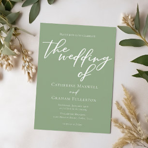 Sage Green White Script Minimalist Wedding  Invitation