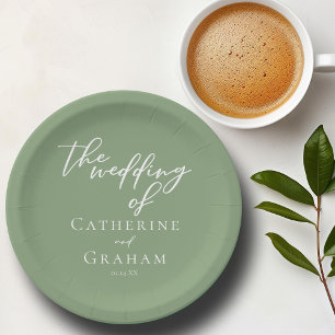 Sage Green White Script Personalised Wedding Paper Plate