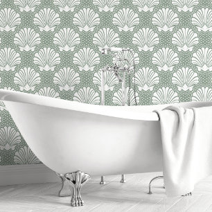 Sage Green & White Seashell  Wallpaper