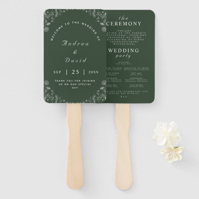 Sage Green | White Sketch Wildflowers Botanical Hand Fan (Front and Back)
