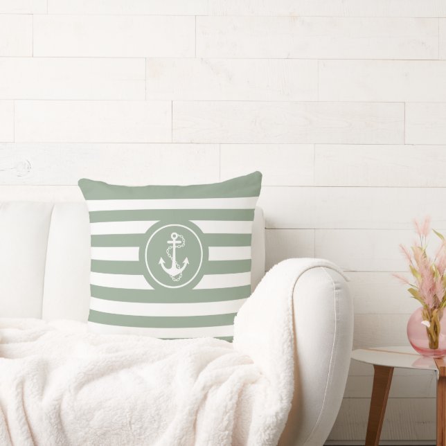 Sage-Green & White Stripes Nautical Anchor Cushion (Couch)