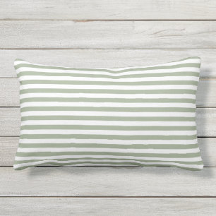 Sage Green White Thin Horizontal Stripes Outdoor Lumbar Cushion
