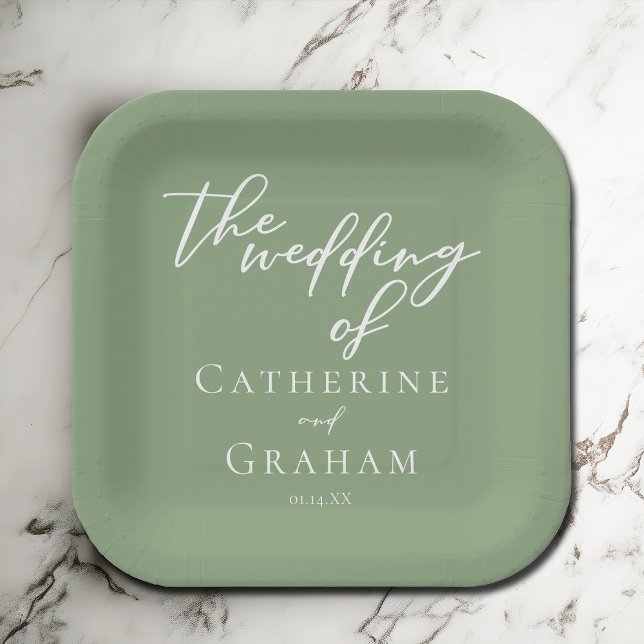 Sage Green White Typography Minimalist Wedding Paper Plate (Creator Uploaded)