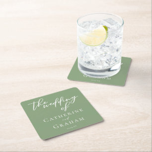 Sage Green White Typography Minimalist Wedding Square Paper Coaster