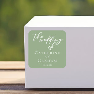 Sage Green White Typography Minimalist Wedding Square Sticker
