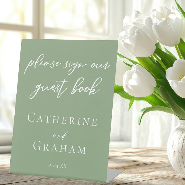 Sage Green White Typography Wedding Guest Book Pedestal Sign (Creator Uploaded)