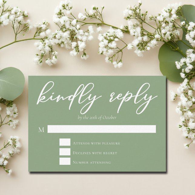 Sage Green White Typography Wedding Kindly Reply RSVP Card (Creator Uploaded)