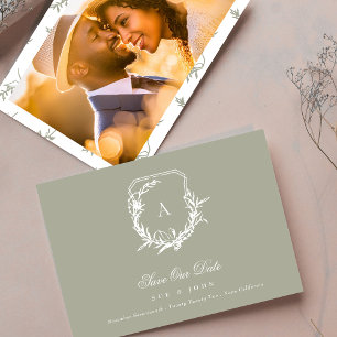 Sage Green White vintage monogram crest Save The Date