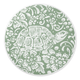 Sage Green White Woodland Animal Turtle Pattern Ceramic Knob