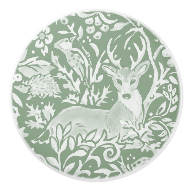 Sage Green White Woodland Animals Deer Pattern  Ceramic Knob (Front)