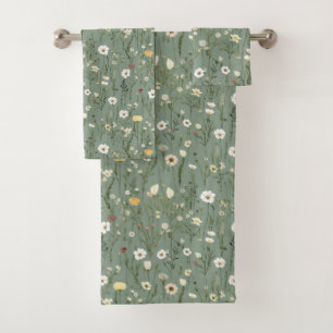 Sage Green White Yellow Wildflowers Boho Trendy Bath Towel Set
