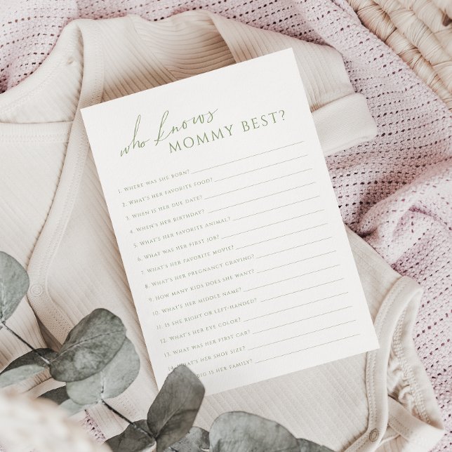 Sage Green Who Knows Mummy Baby Shower Game Card (Creator Uploaded)