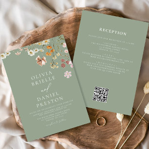 Sage Green Wildflower All in One QR Code Wedding Invitation