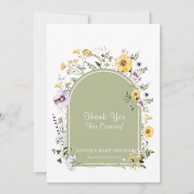 Sage Green Wildflower Baby In Bloom Baby Shower Thank You Card (Front)