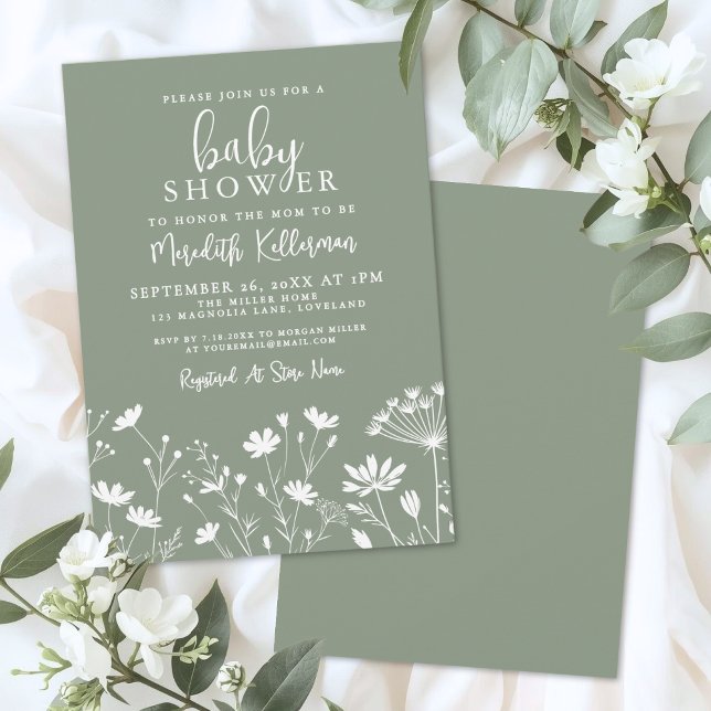 Sage Green Wildflower Baby Shower Invitation (Sage Green Wildflower Baby Shower Invitation)