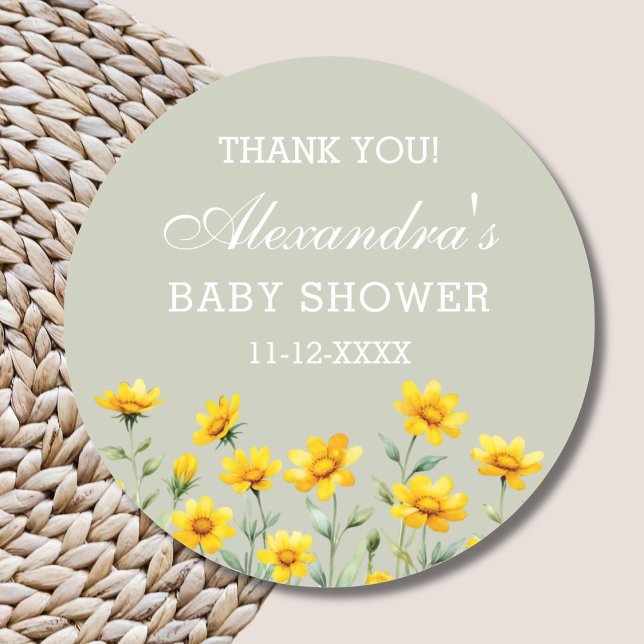 Sage Green Wildflower Baby Shower Thank You Classic Round Sticker (Creator Uploaded)