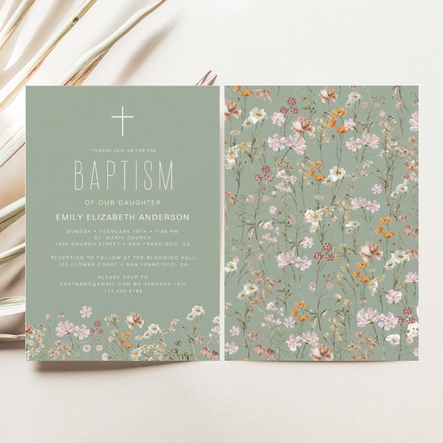 Sage Green Wildflower Baptism Garden In Bloom  Invitation (Creator Uploaded)
