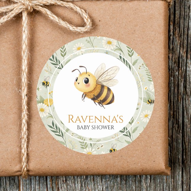 Sage Green Wildflower Bee Custom Name Baby Shower Classic Round Sticker (Creator Uploaded)