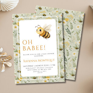 Sage Green Wildflower Bee Custom Oh Babee Shower Invitation