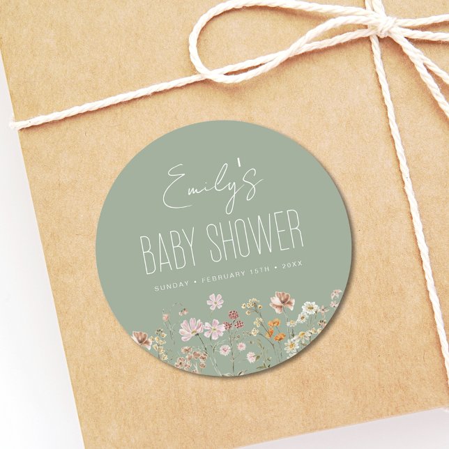 Sage Green Wildflower Boho Baby Shower In Bloom Classic Round Sticker (Creator Uploaded)